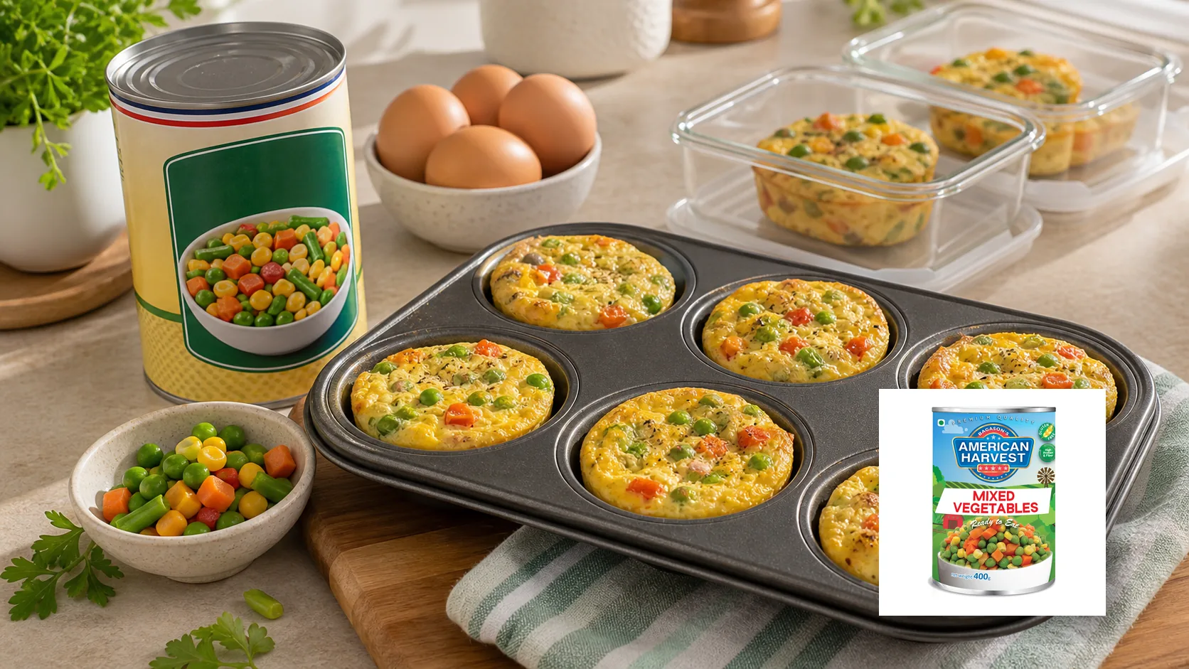 American Harvest pantry ingredients scene for Egg Muffins with Veggies (Freezer Friendly)