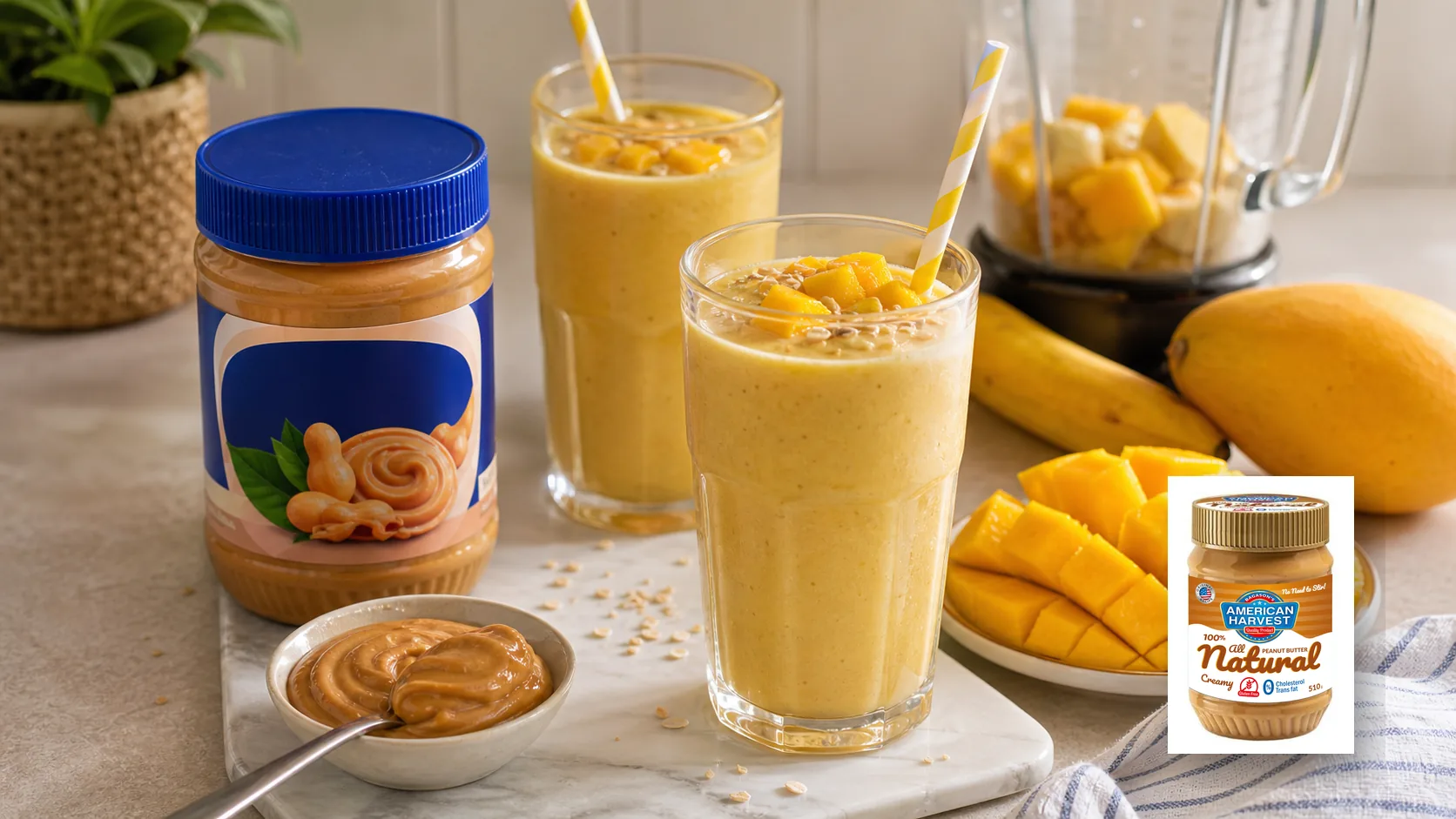 American Harvest peanut butter scene for Tropical Mango Nut Butter Smoothie