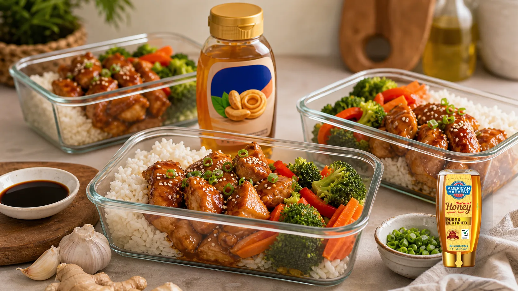 American Harvest honey scene for Honey Soy Chicken Meal Prep Bowls