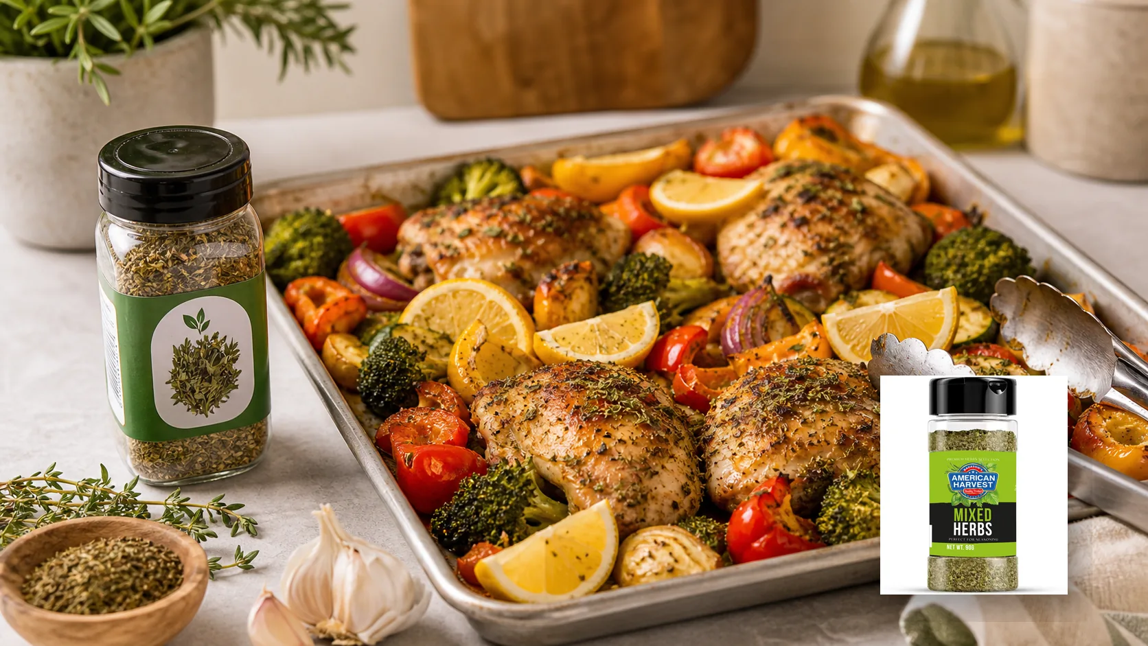 American Harvest pantry ingredients scene for One-Pan Lemon Herb Chicken and Vegetables