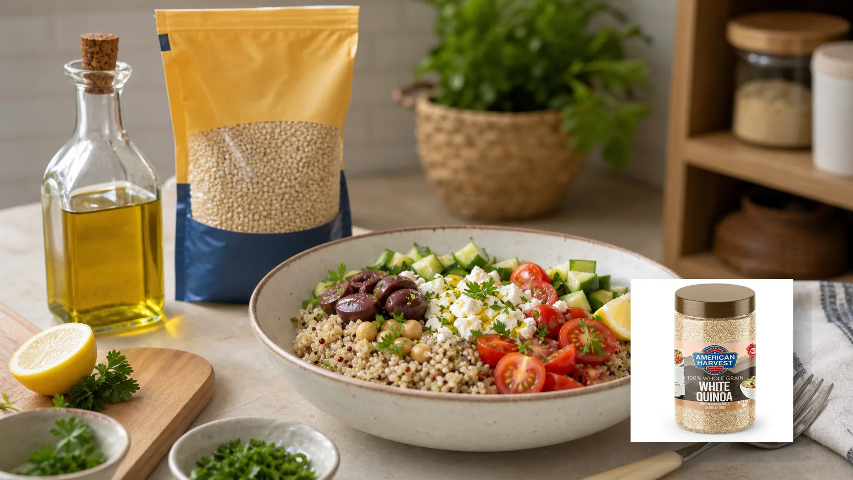 American Harvest white quinoa scene for Mediterranean Grain Bowl with Olive Oil Drizzle