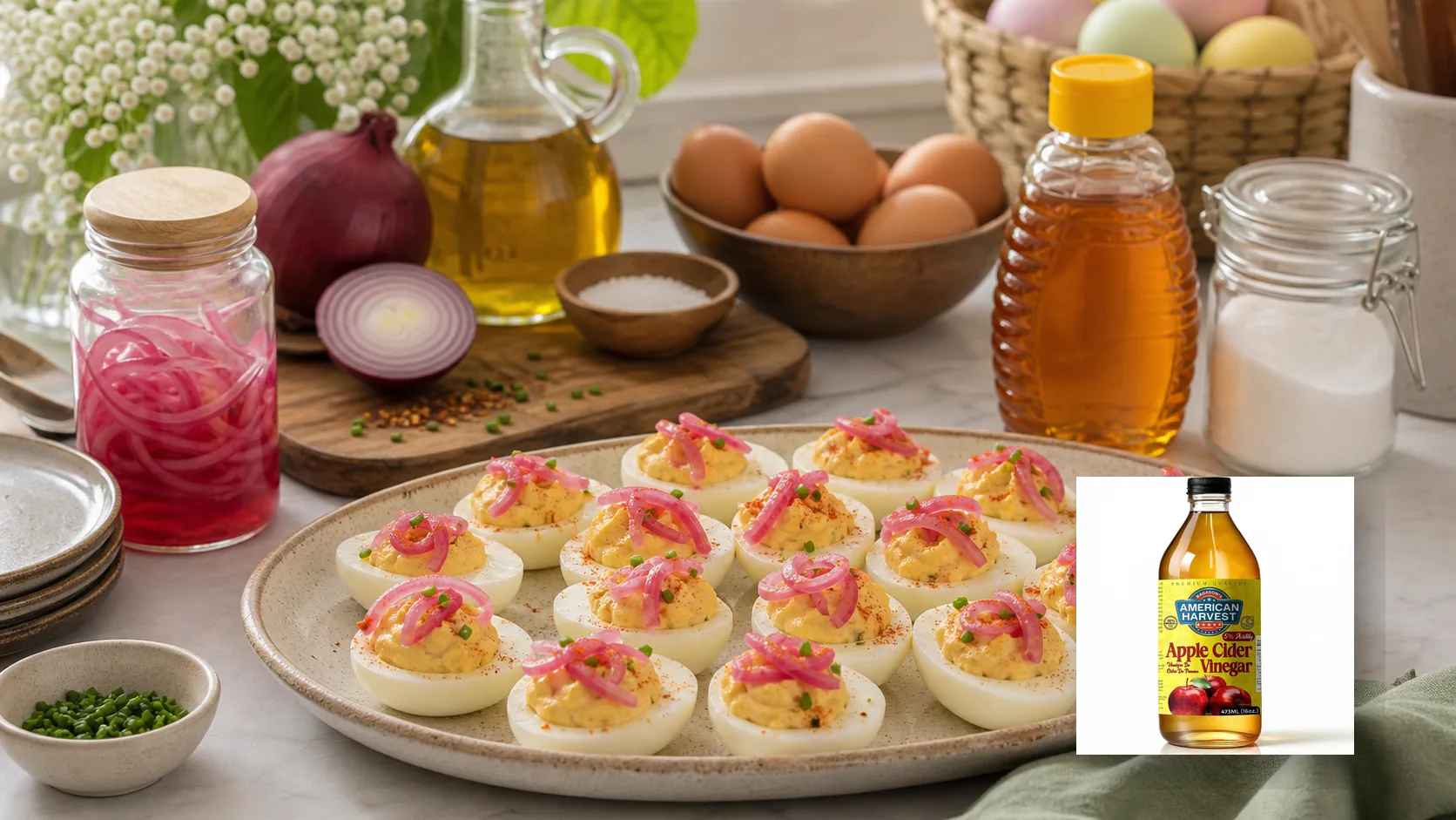 American Harvest pantry ingredients scene for Easter Deviled Eggs with Pickled Onion Garnish