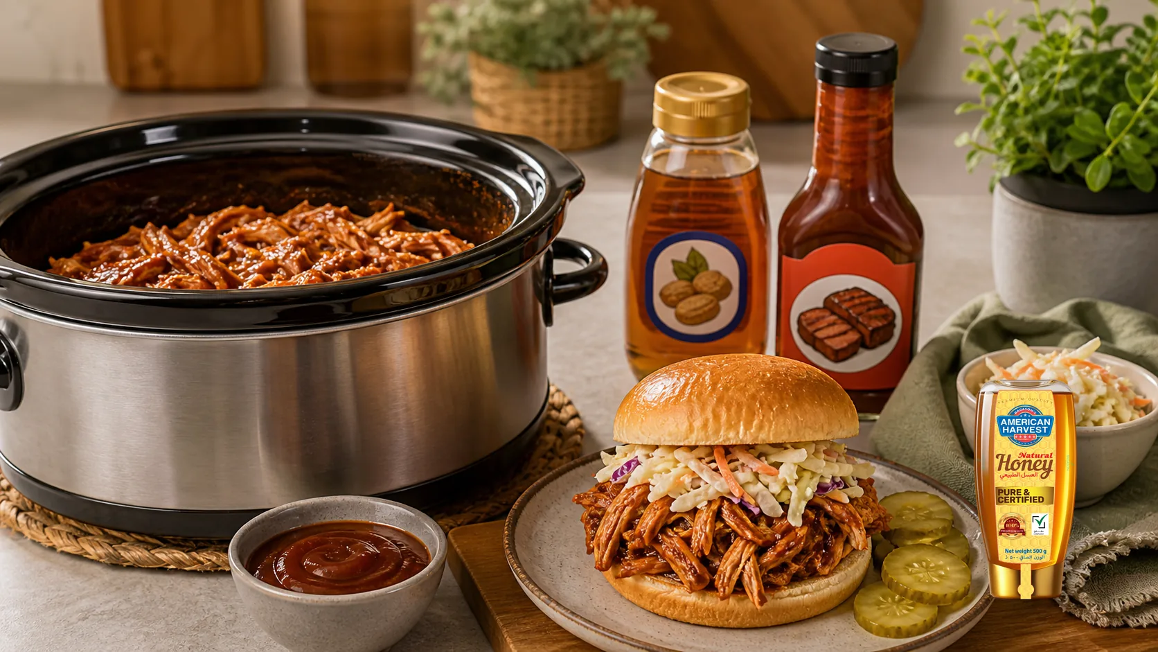American Harvest honey scene for Slow Cooker Honey BBQ Pulled Chicken