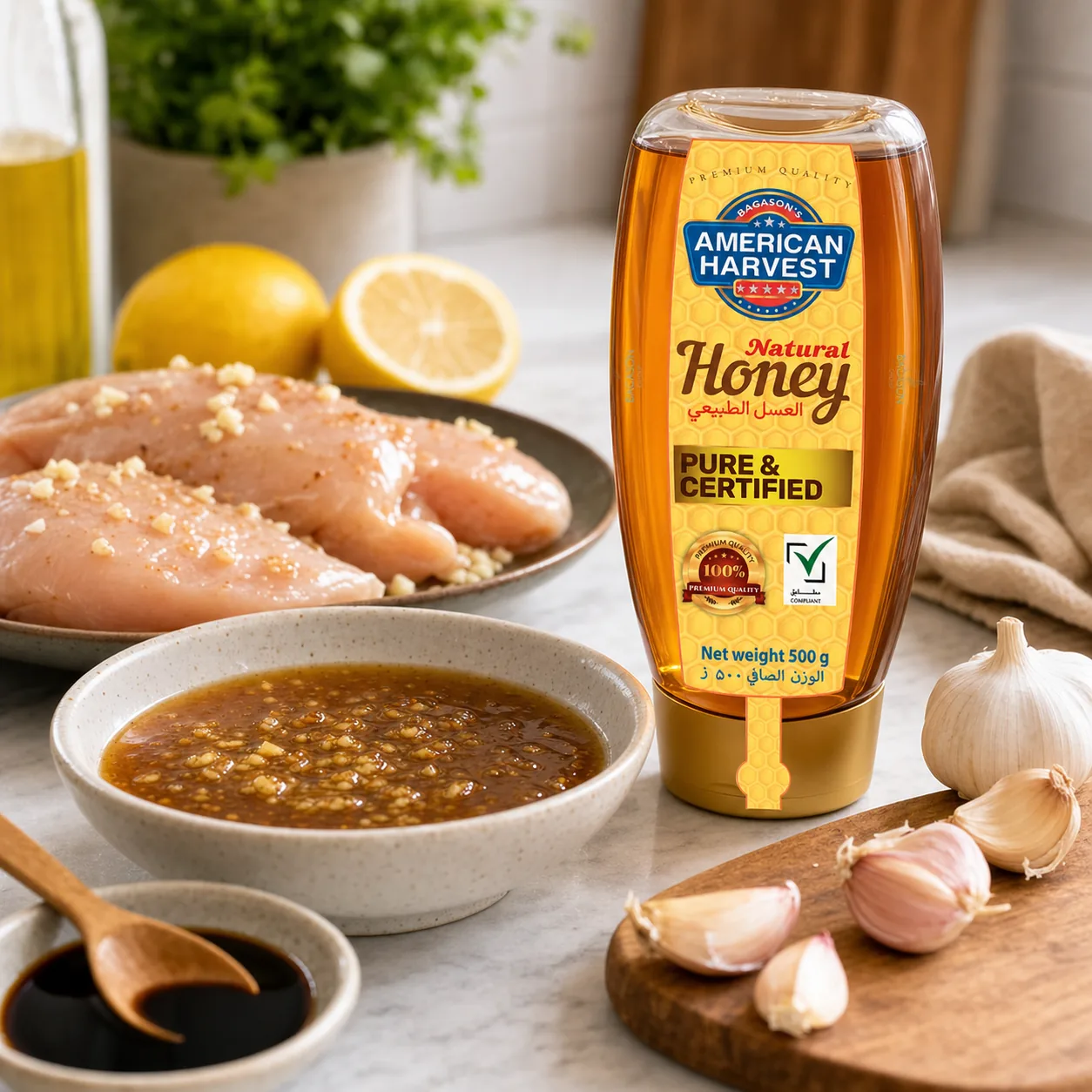 American Harvest Natural Honey beside honey garlic chicken marinade ingredients