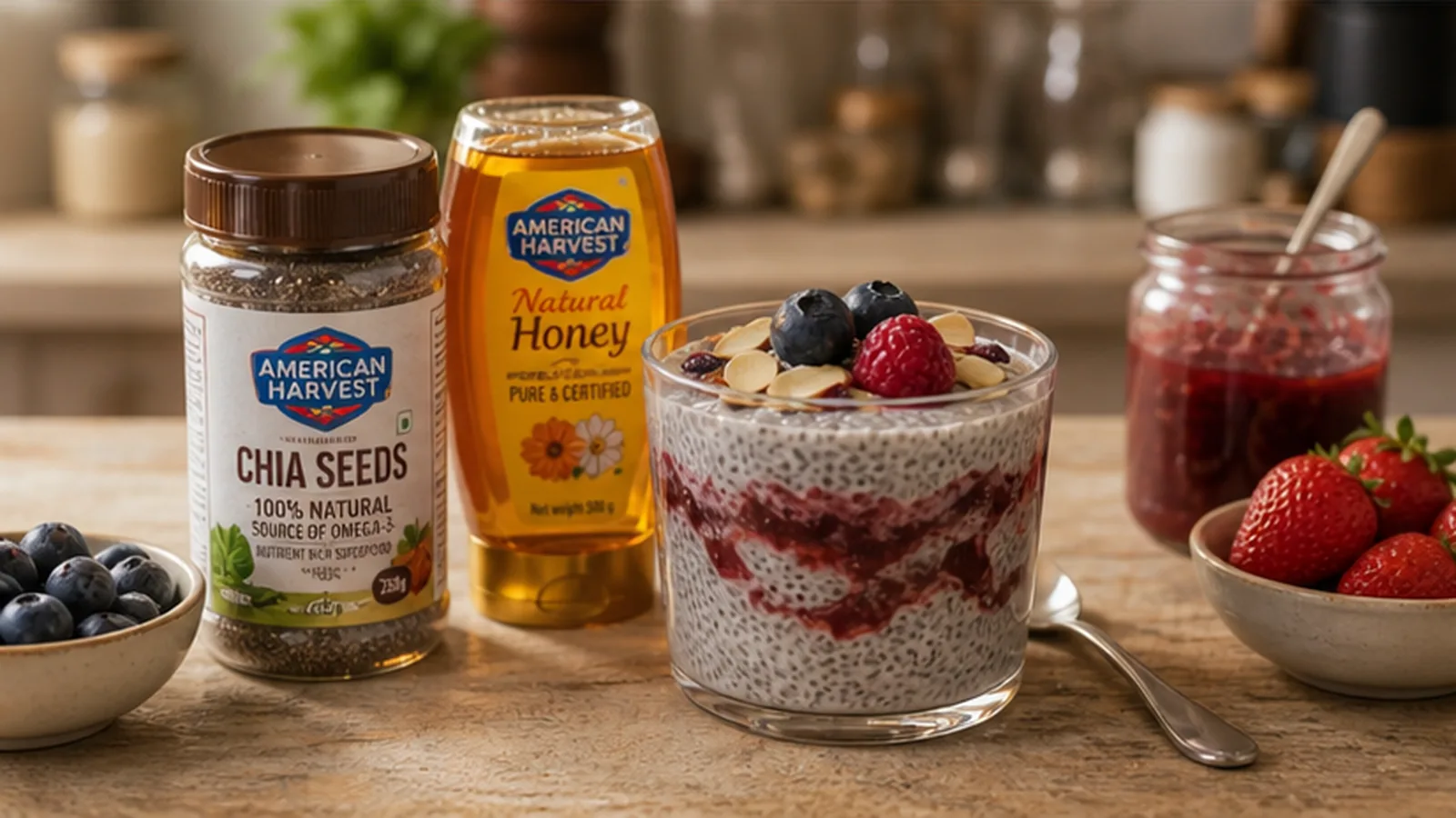 Chia seed pudding jars with berry jam swirl for American Harvest breakfast ideas