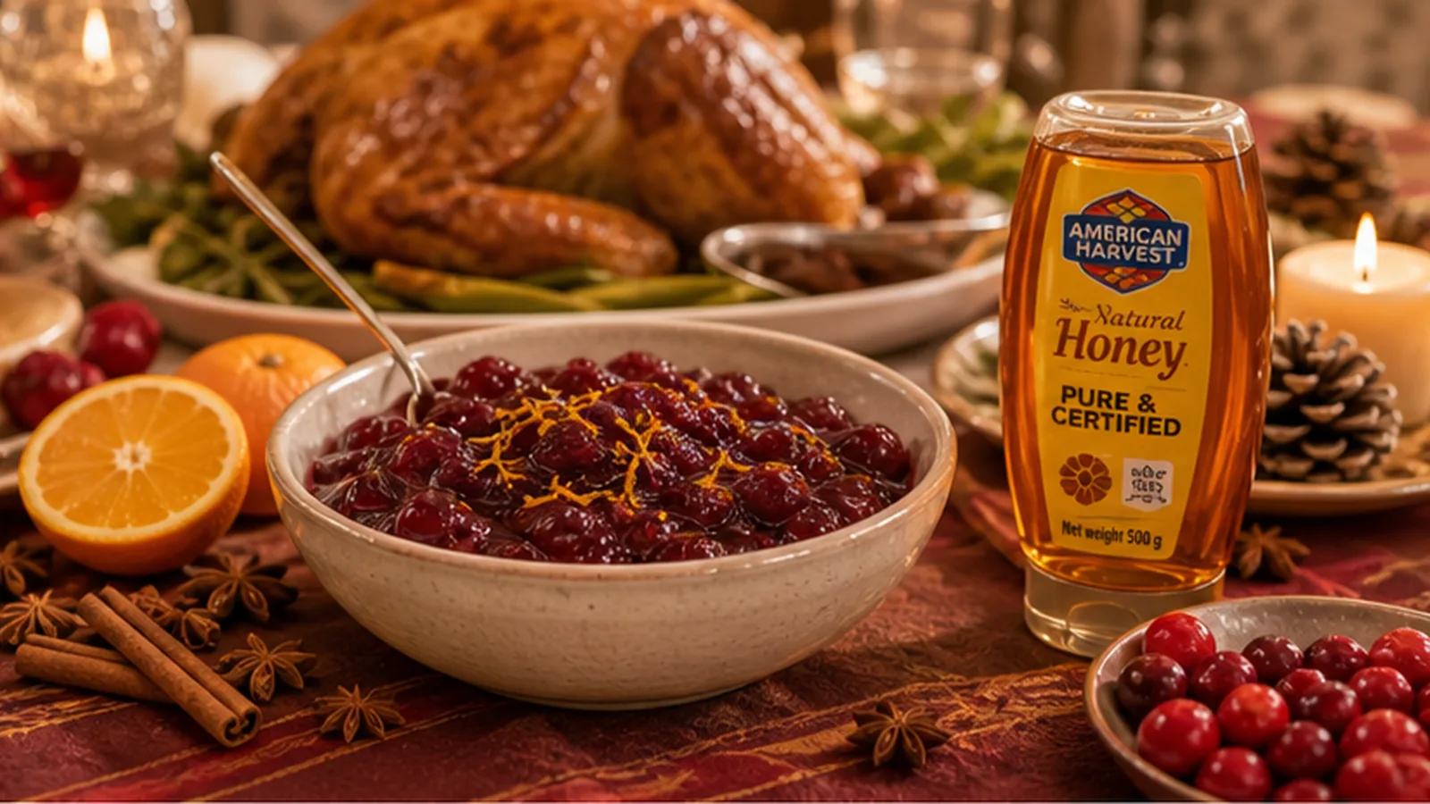 Cranberry sauce with honey on a festive American Harvest style table