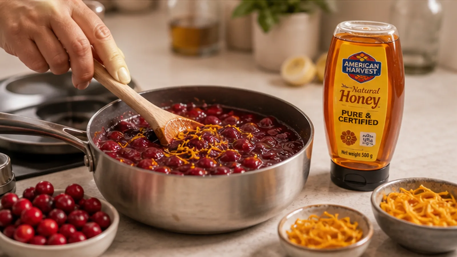 American Harvest cranberry sauce with honey holiday side dish scene