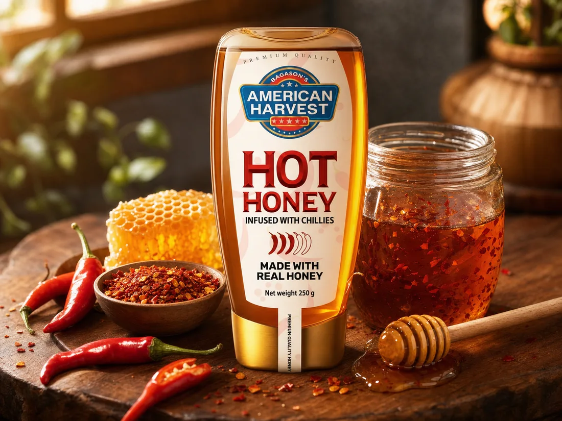 Jar of American Harvest hot honey with chilli flakes, honeycomb and fresh chillies