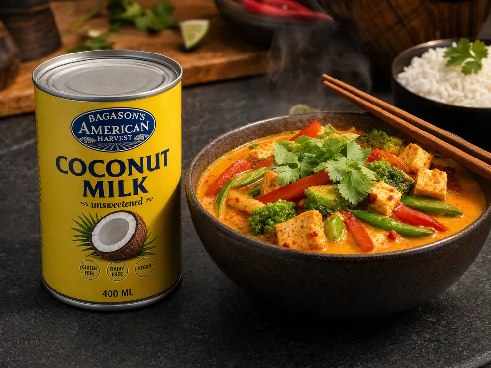 Thai coconut curry in a bowl with rice