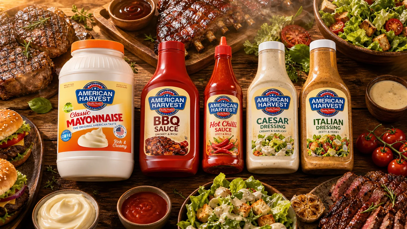 American Harvest mayonnaise and caesar dressing bottles with a fresh caesar salad