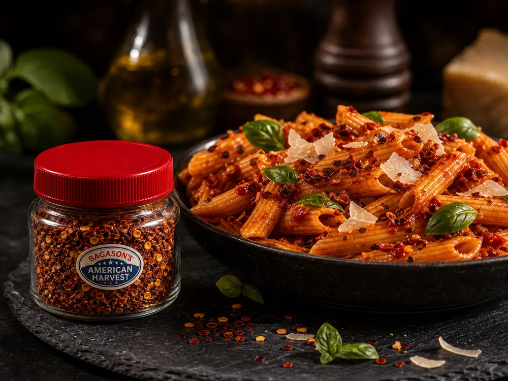 Tomato pasta topped with basil