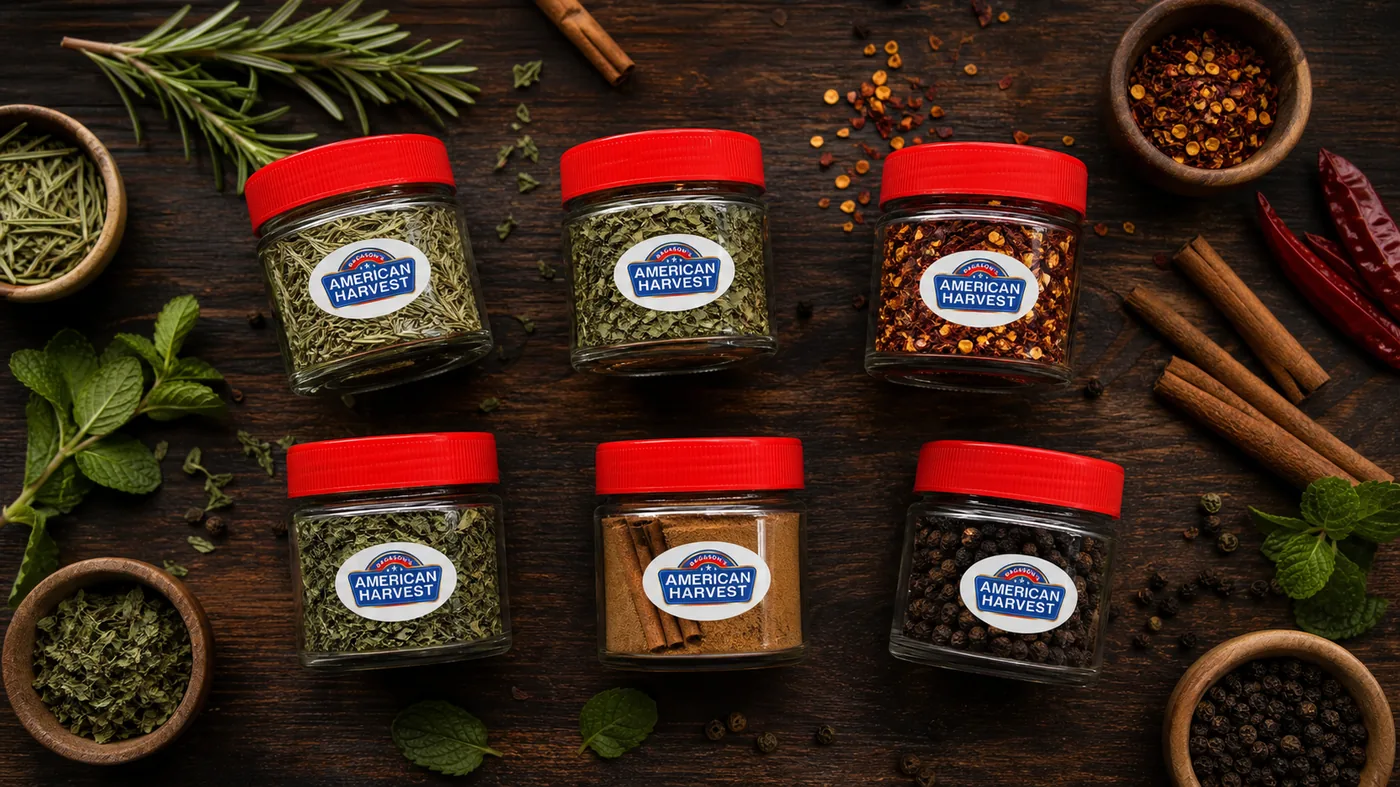 American Harvest oregano, chilli flakes and basil jars with small piles of spices and fresh herbs