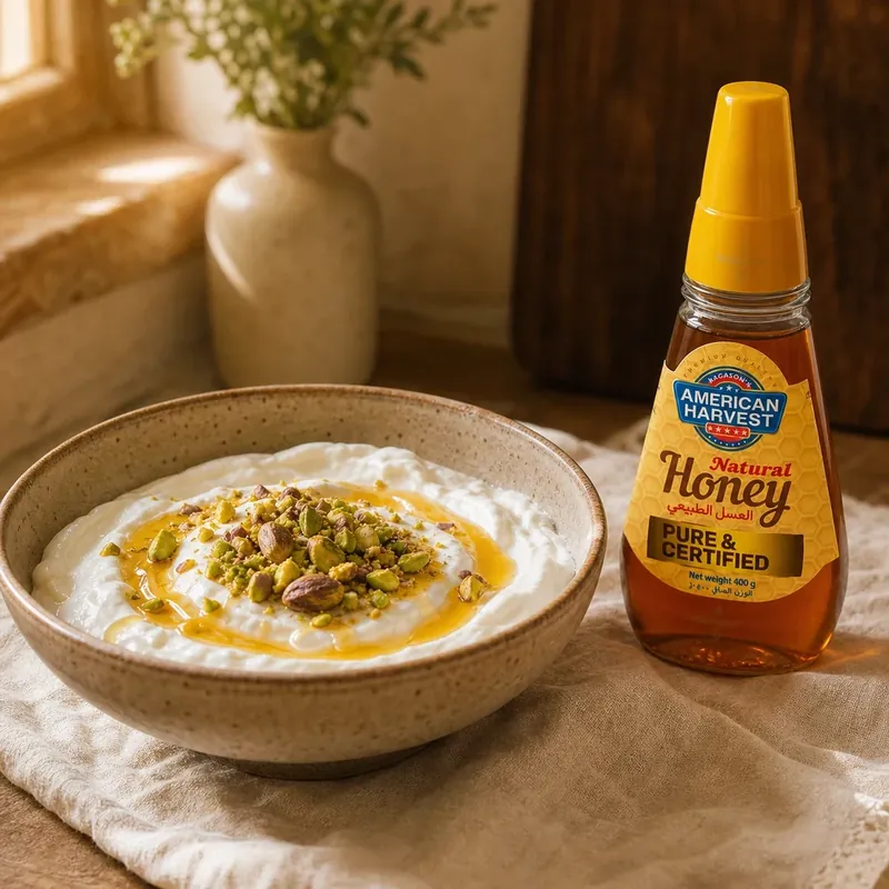 American Harvest honey drizzled over Greek yoghurt with pistachios