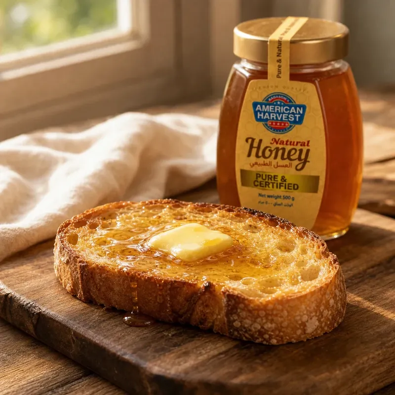 American Harvest honey on warm buttered sourdough toast