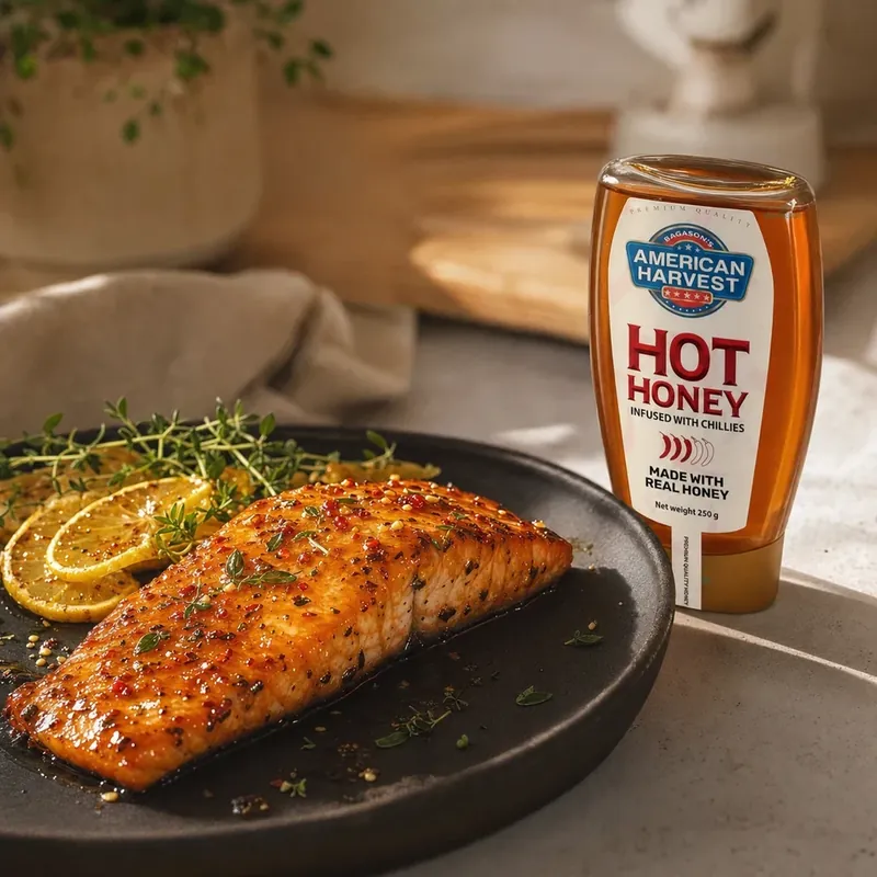 American Harvest hot honey beside a glazed salmon fillet with lemon