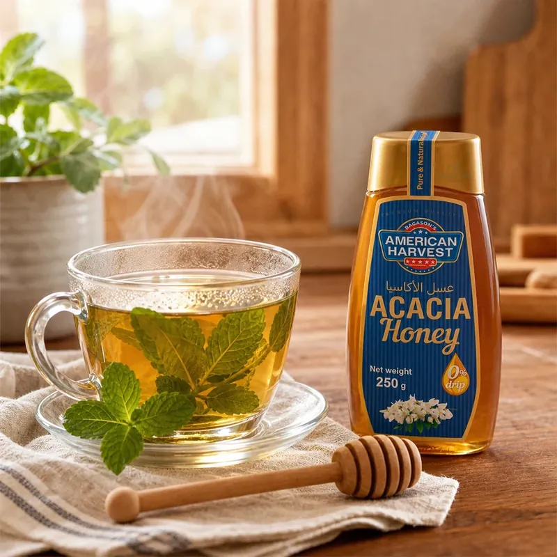 American Harvest acacia honey beside a glass cup of mint tea