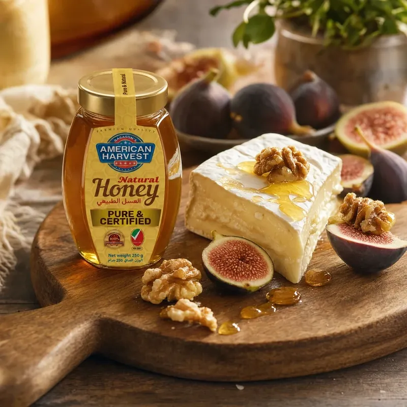 American Harvest honey on a cheese board with brie, figs and walnuts