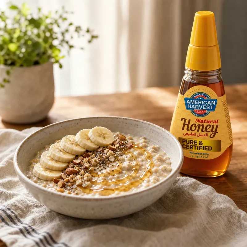 American Harvest honey beside a breakfast bowl of oats and banana