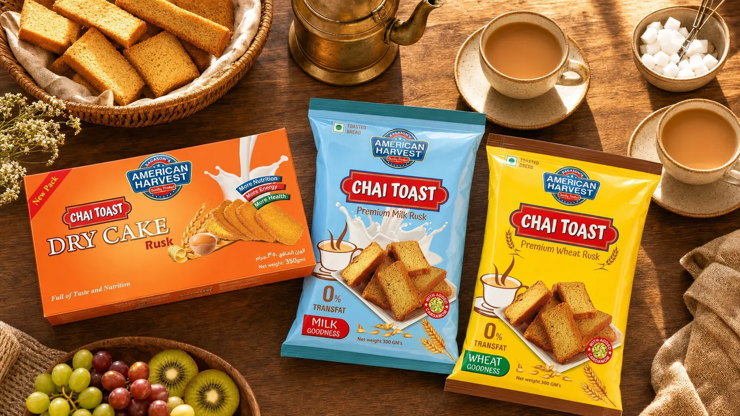 American Harvest rusk and milk toast packs with rusks, crumbs and a teacup