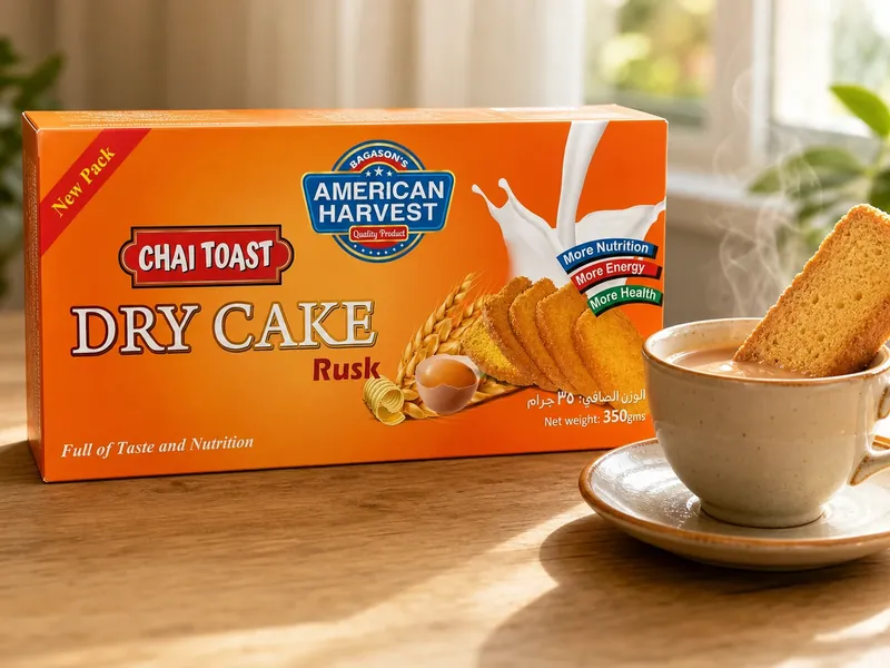 American Harvest Dry Cake Rusk dunked into a cup of karak chai