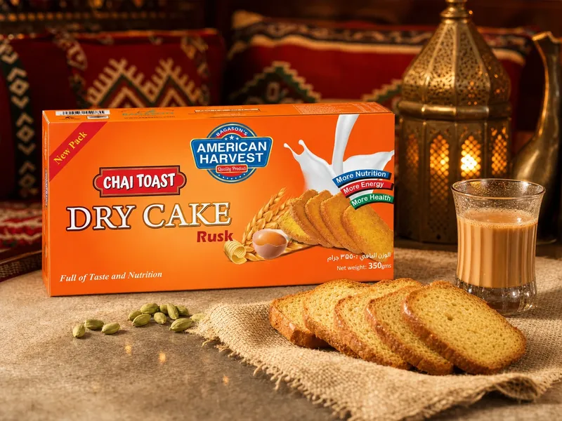 American Harvest Dry Cake Rusk with karak chai in a majlis setting