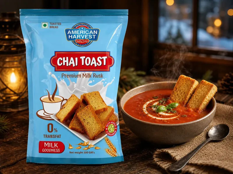American Harvest Chai Toast Milk Rusk beside a bowl of tomato soup