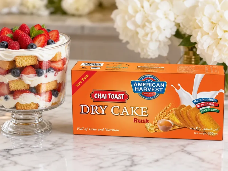 Layered trifle dessert using crushed American Harvest rusks