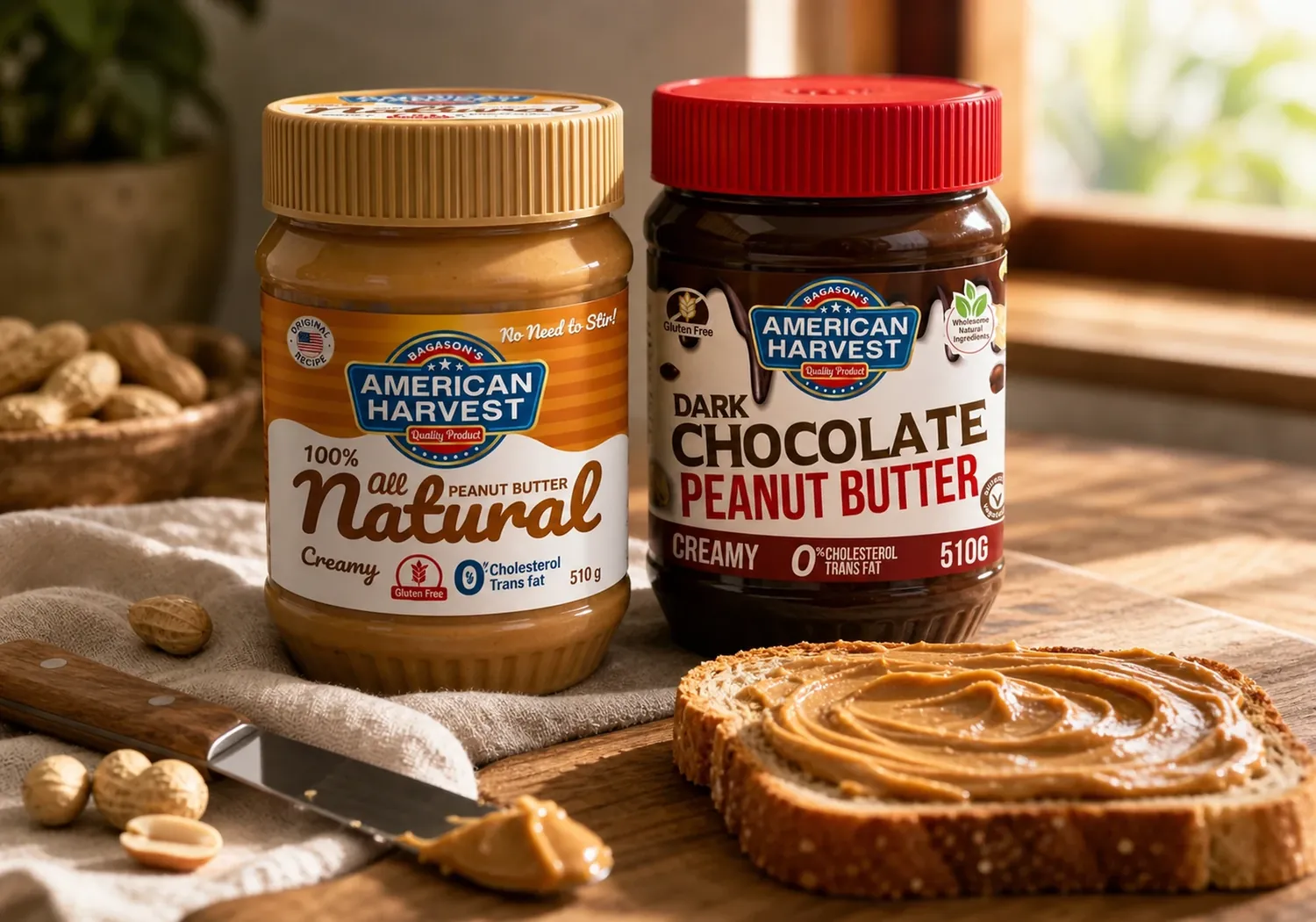 American Harvest creamy and chocolate peanut butter jars with a knife and peanut butter swirl on toast