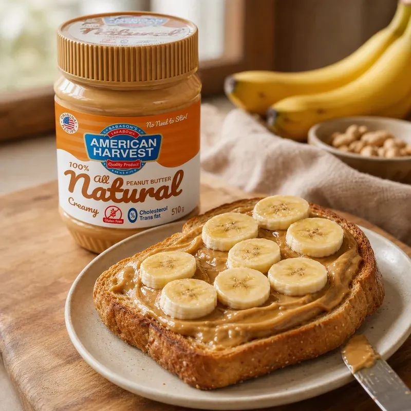 Peanut butter spread thick on toast with banana