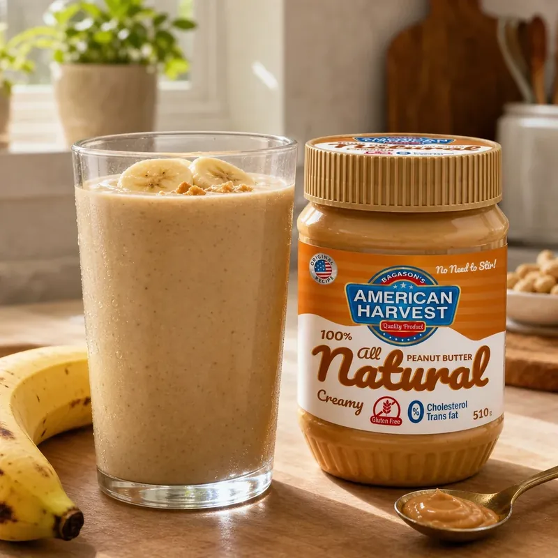 Peanut butter banana smoothie in a glass
