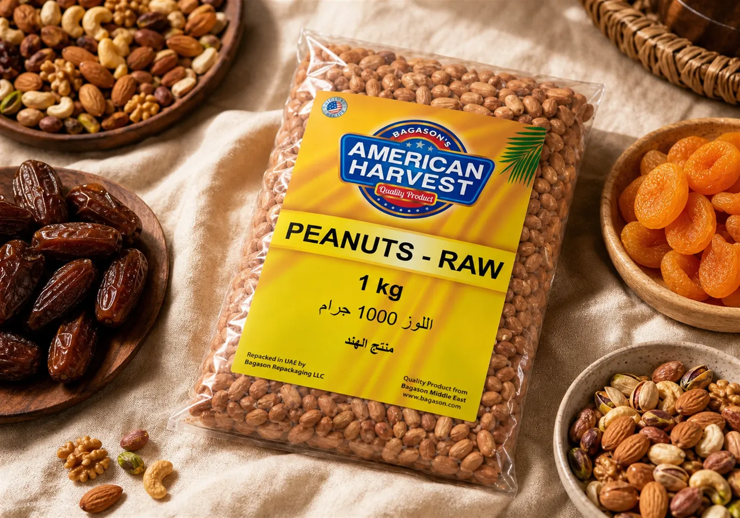 American Harvest raw peanuts pack with bowls of mixed nuts, dates and dried apricots