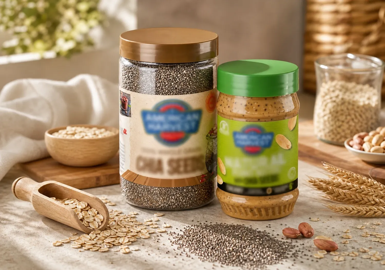 American Harvest chia seeds and peanut‑butter‑with‑chia jars with oats, seeds and a wooden scoop