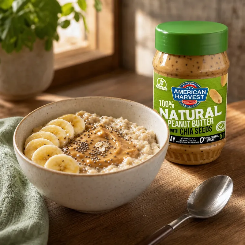 Warm porridge bowl with banana