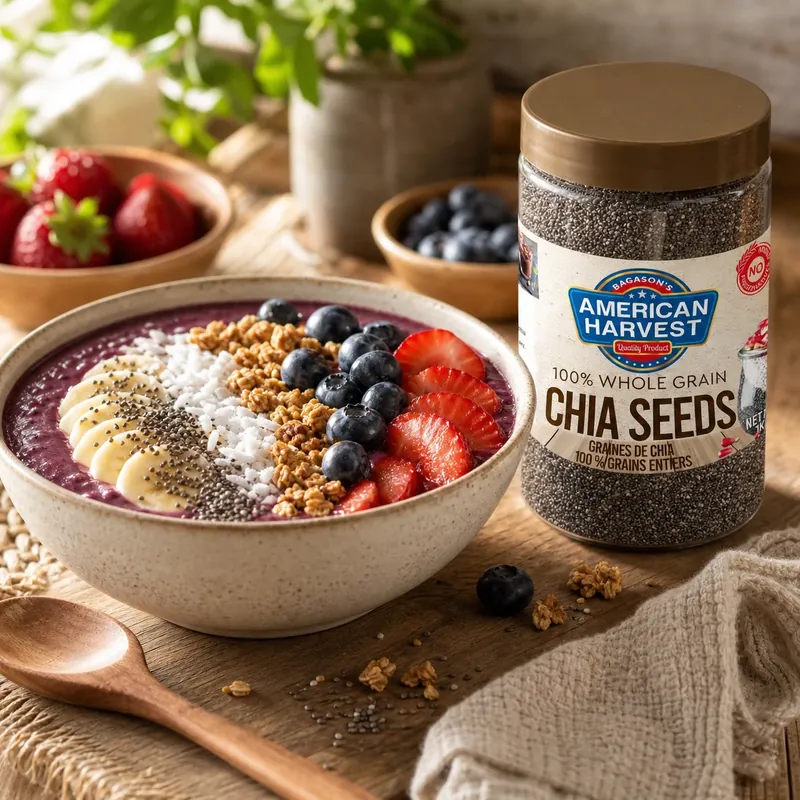 Smoothie bowl topped with seeds and fruit