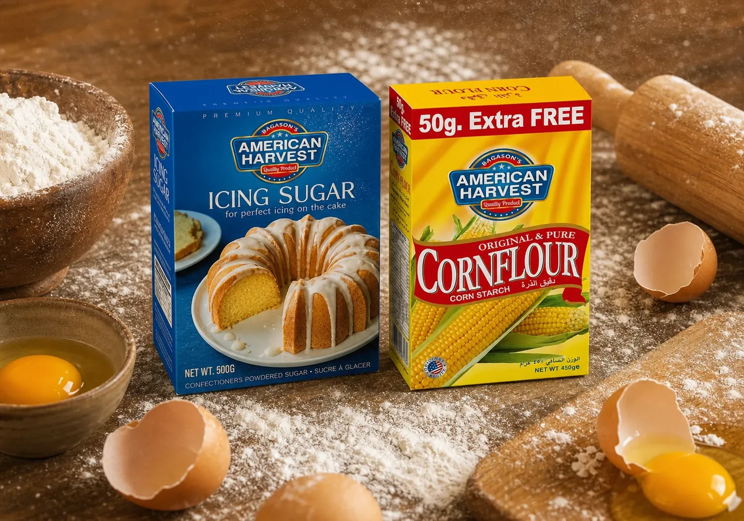 American Harvest icing sugar and corn flour packs with a flour cloud, eggs and a rolling pin