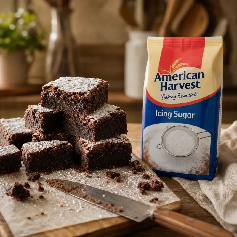 Fudgy brownies stacked and dusted