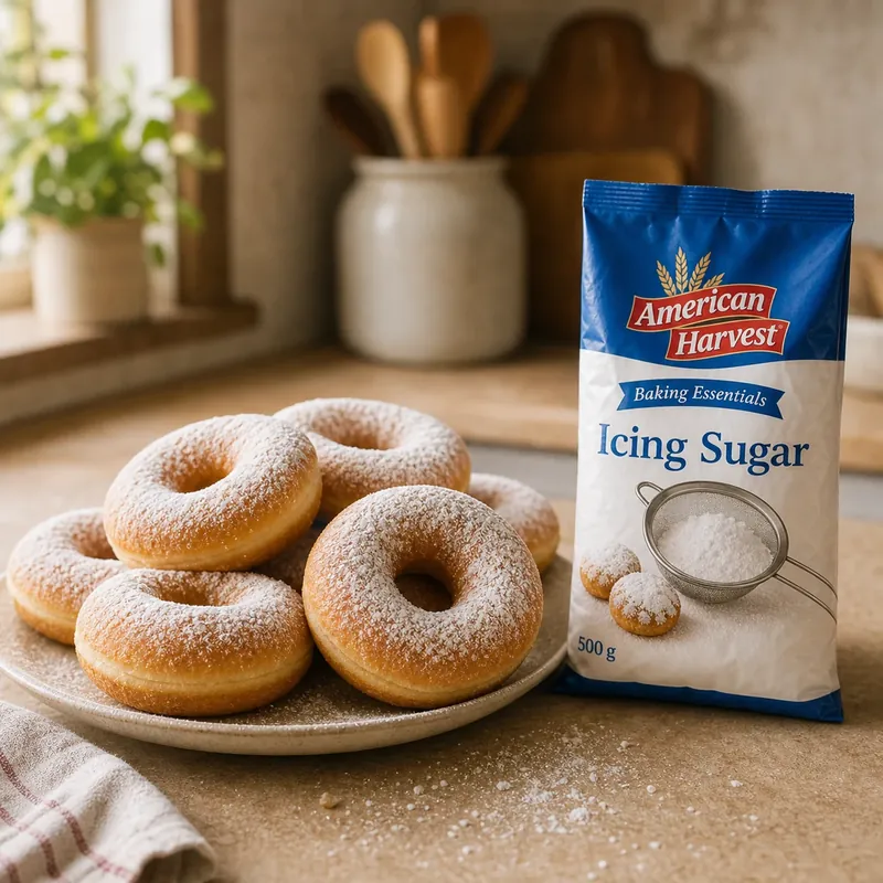 Sugar‑dusted donuts on a plate