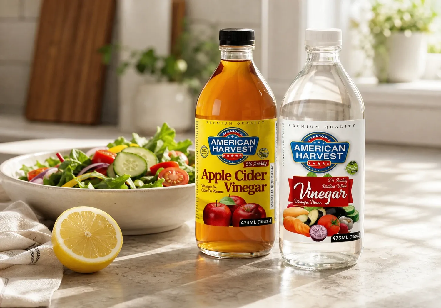American Harvest apple cider vinegar and white vinegar bottles with a salad bowl and lemon