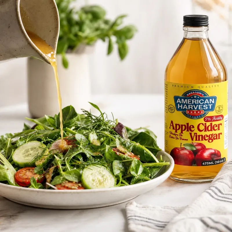 Fresh salad being dressed with vinaigrette