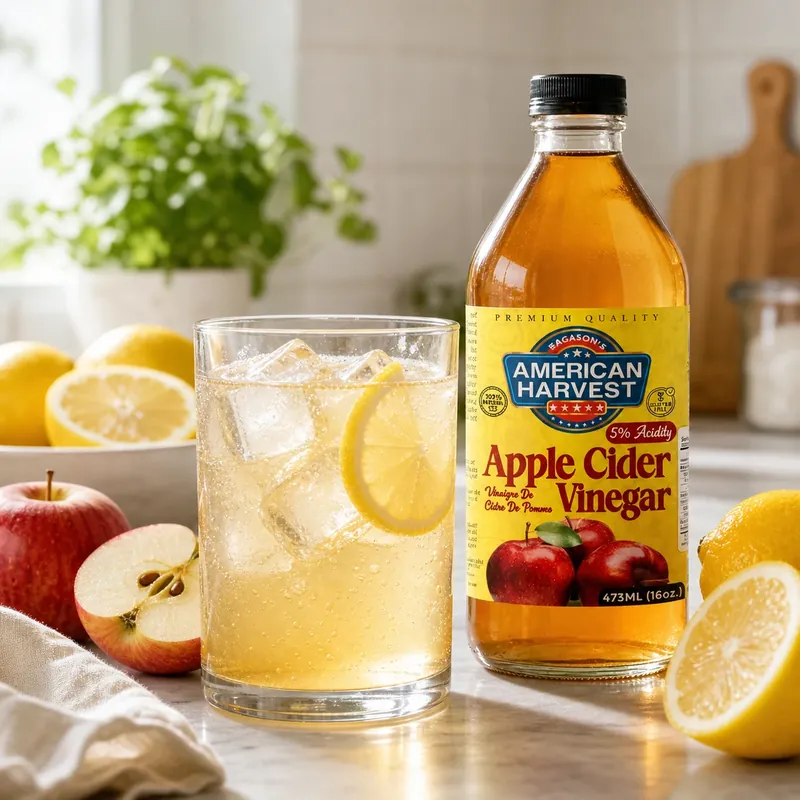 Apple cider vinegar drink in a glass with lemon