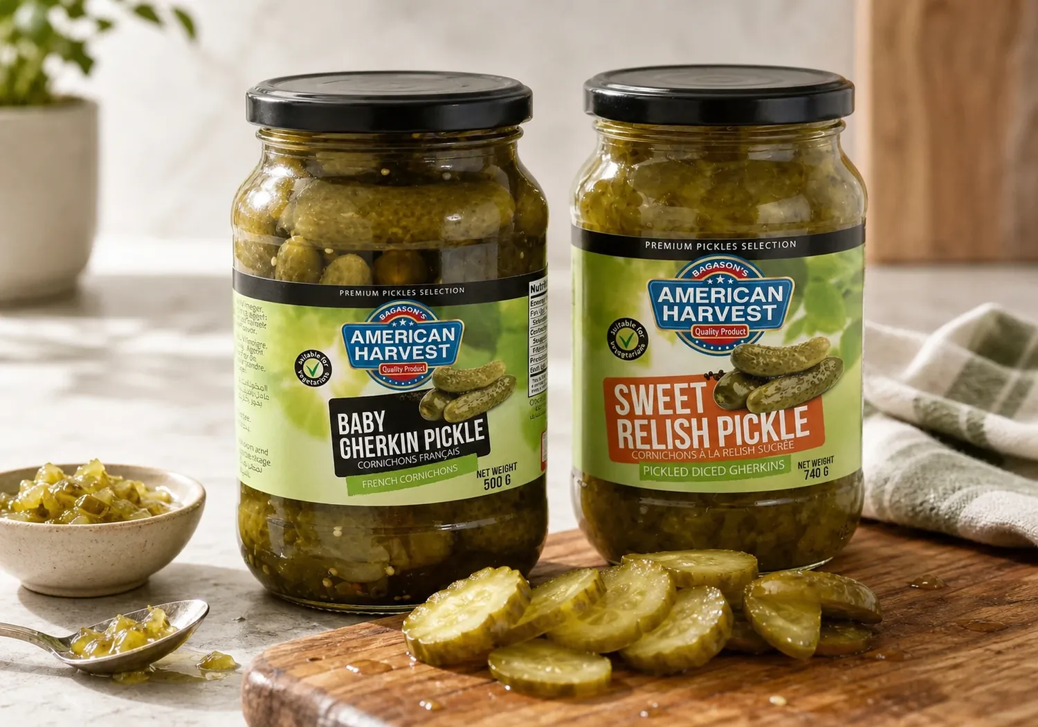 American Harvest gherkins and sweet relish jars with sliced pickles on a board