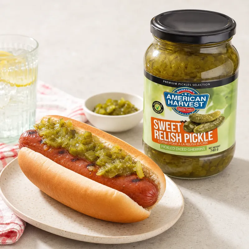 Hot dog topped with sweet relish