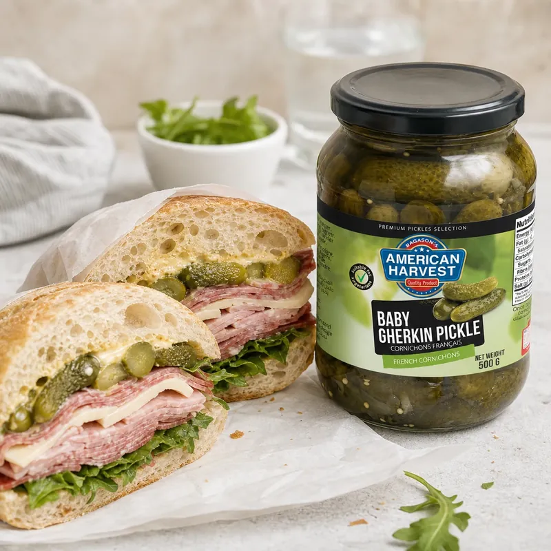 Deli sandwich cut open showing pickles