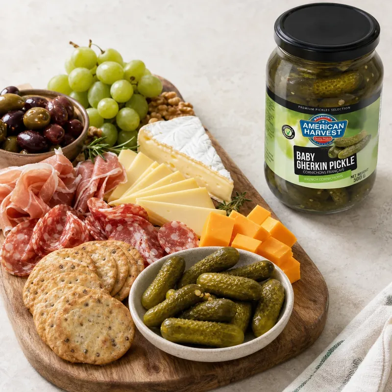 Cheese board with gherkins