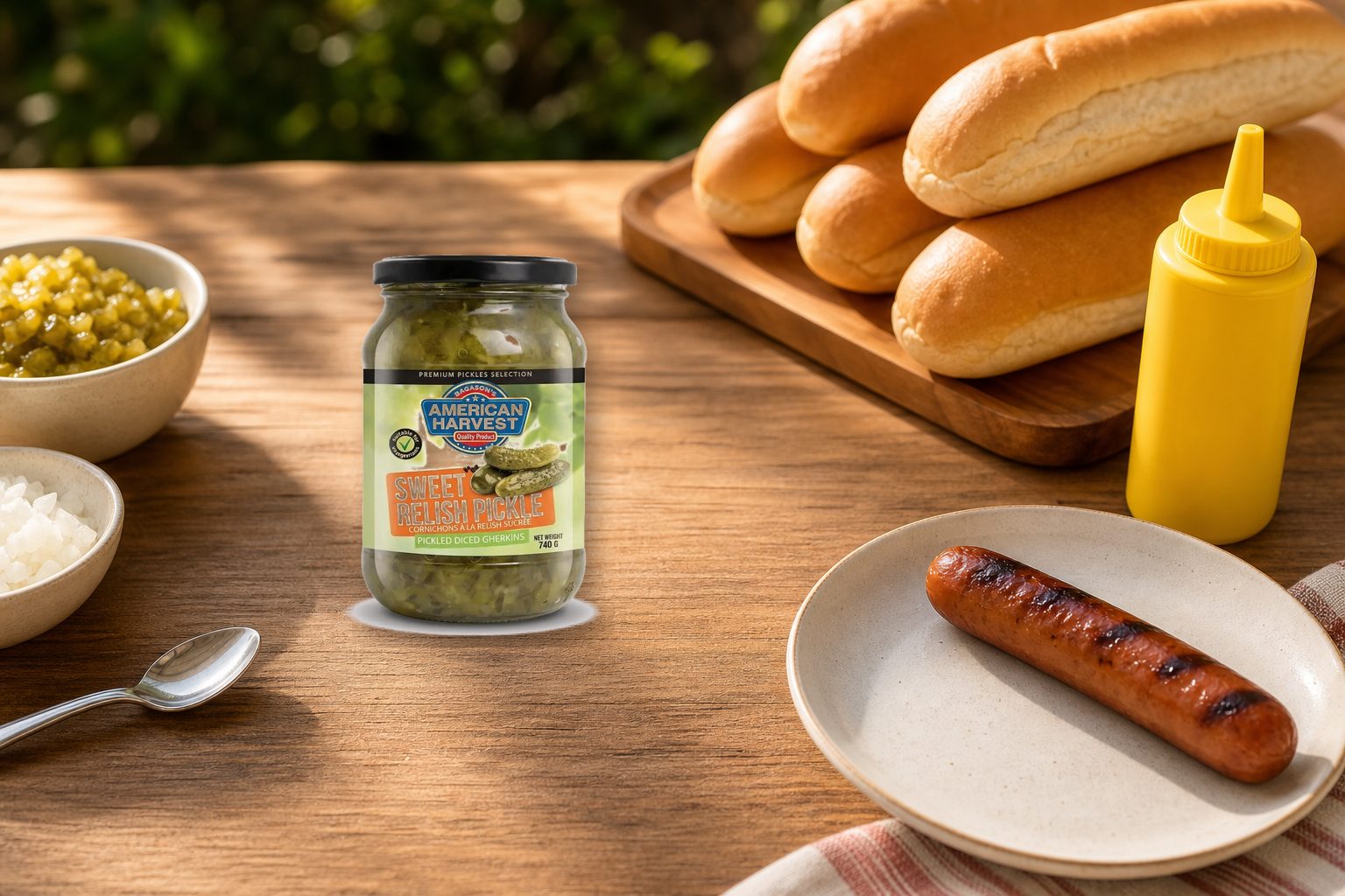 Open jar of American Harvest Sweet Relish with a spoon, set up beside hot dog buns and mustard for building a hot dog