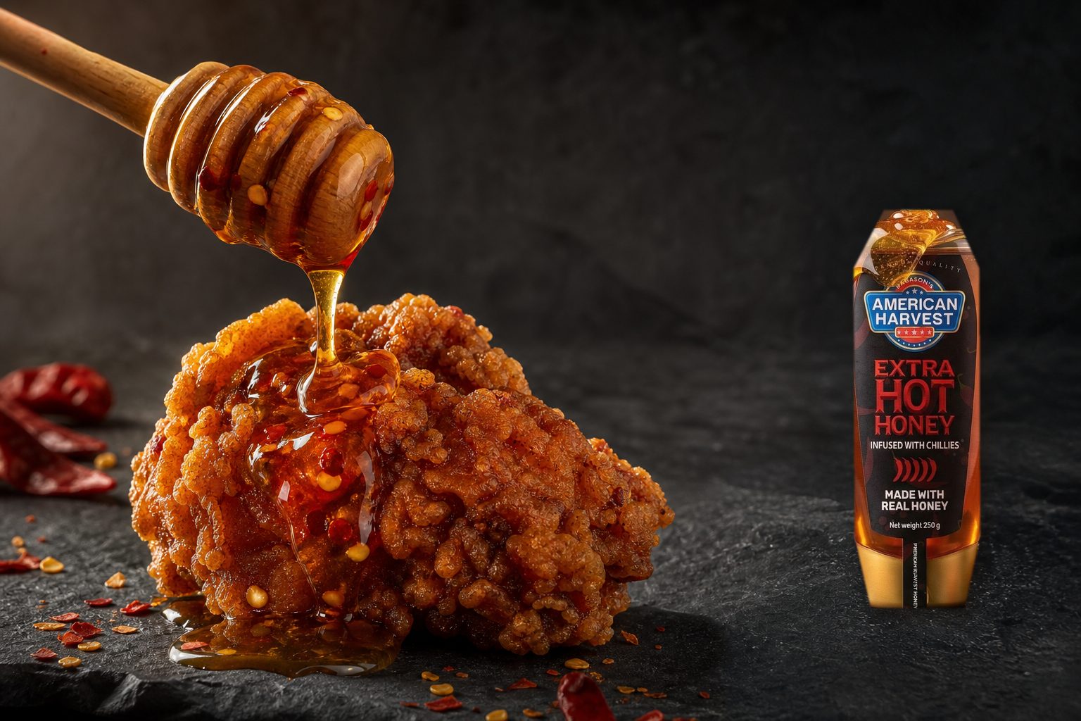American Harvest hot honey drizzle with chilli flakes over flatbread UAE