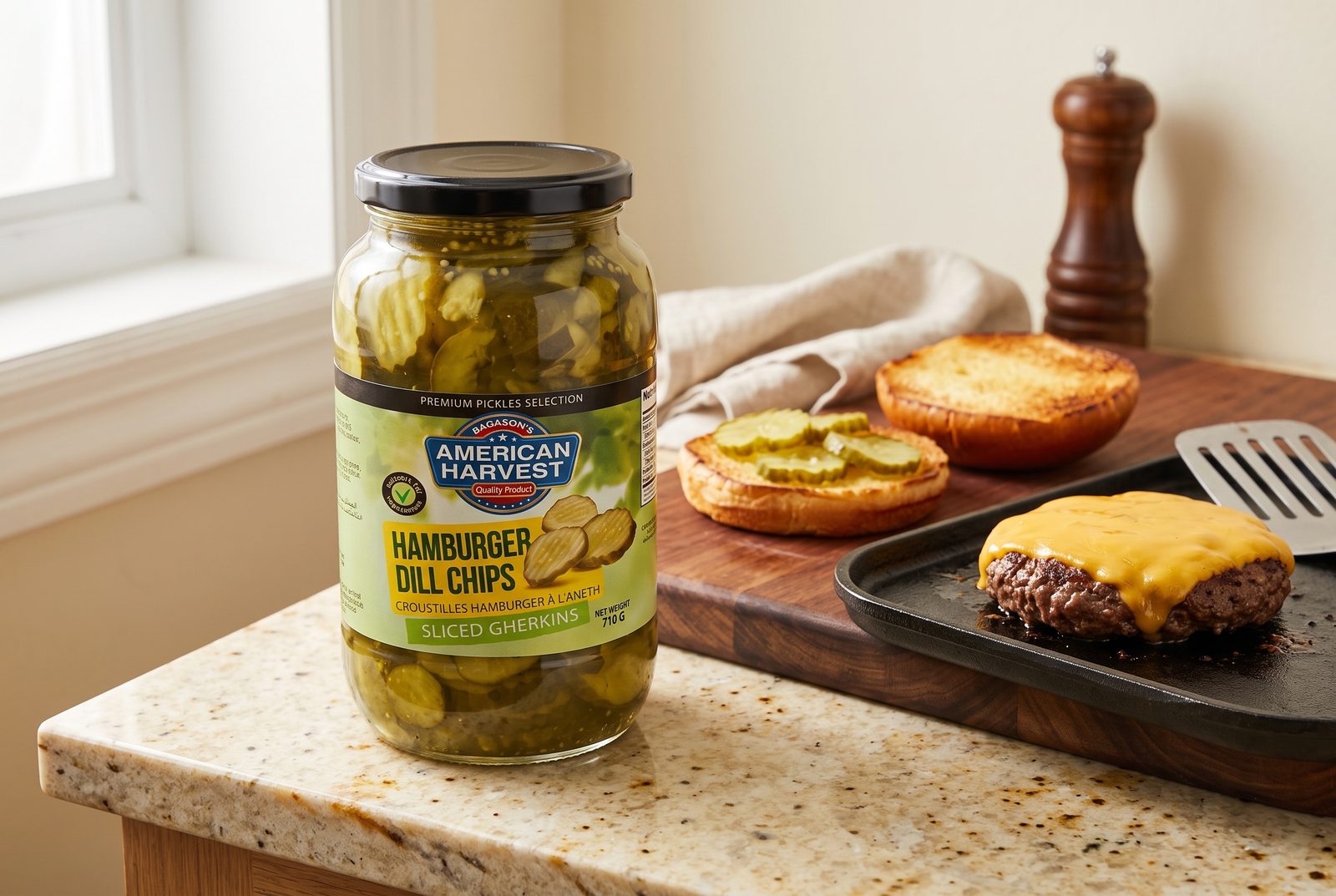 A jar of American Harvest Hamburger Dill Chips on a kitchen counter beside a toasted burger bun topped with dill pickle chips and a cheeseburger patty on the griddle