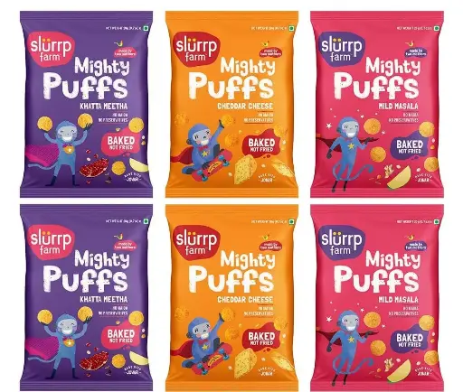 [SLF-18] Slurrp Farms Jowar Puffs combo - Cheddar cheese (2), Khatta Meetha (2), Mild Masala (2) (15x120 gms)
